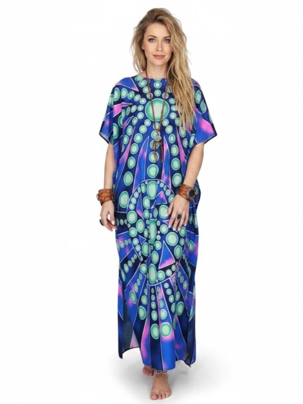 V Neck Vibrant Cotton Long Kaftan Dress Cover Up NWT